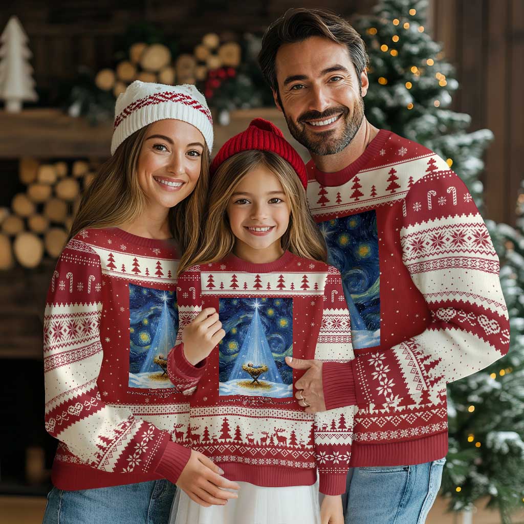Christian Xmas Ugly Christmas Sweater Nativity Scene Jeus Baby Starry Night Xmas TS14 Red Beige Print Your Wear