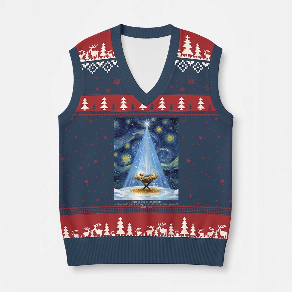 Christian Xmas V-Neck Knit Sweater Vest Nativity Scene Jeus Baby Starry Night Xmas TS14 Navy Red Print Your Wear
