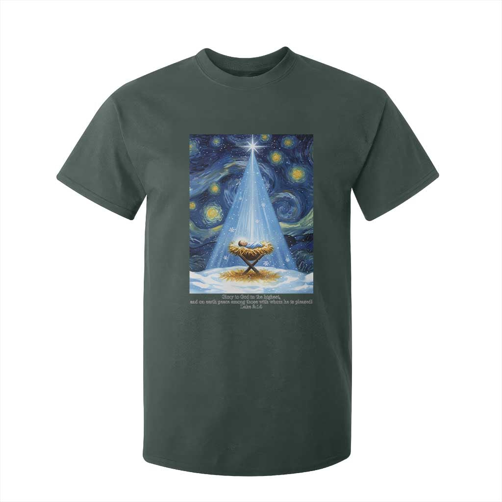 Christian Christmas T Shirt For Kid Nativity Scene Jeus Baby Starry Night Xmas TS14 Dark Forest Green Print Your Wear