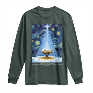 Christian Christmas Long Sleeve Shirt Nativity Scene Jeus Baby Starry Night Xmas TS14 Dark Forest Green Print Your Wear