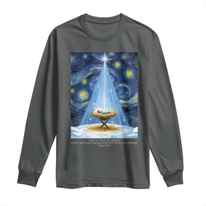 Christian Christmas Long Sleeve Shirt Nativity Scene Jeus Baby Starry Night Xmas TS14 Dark Heather Print Your Wear