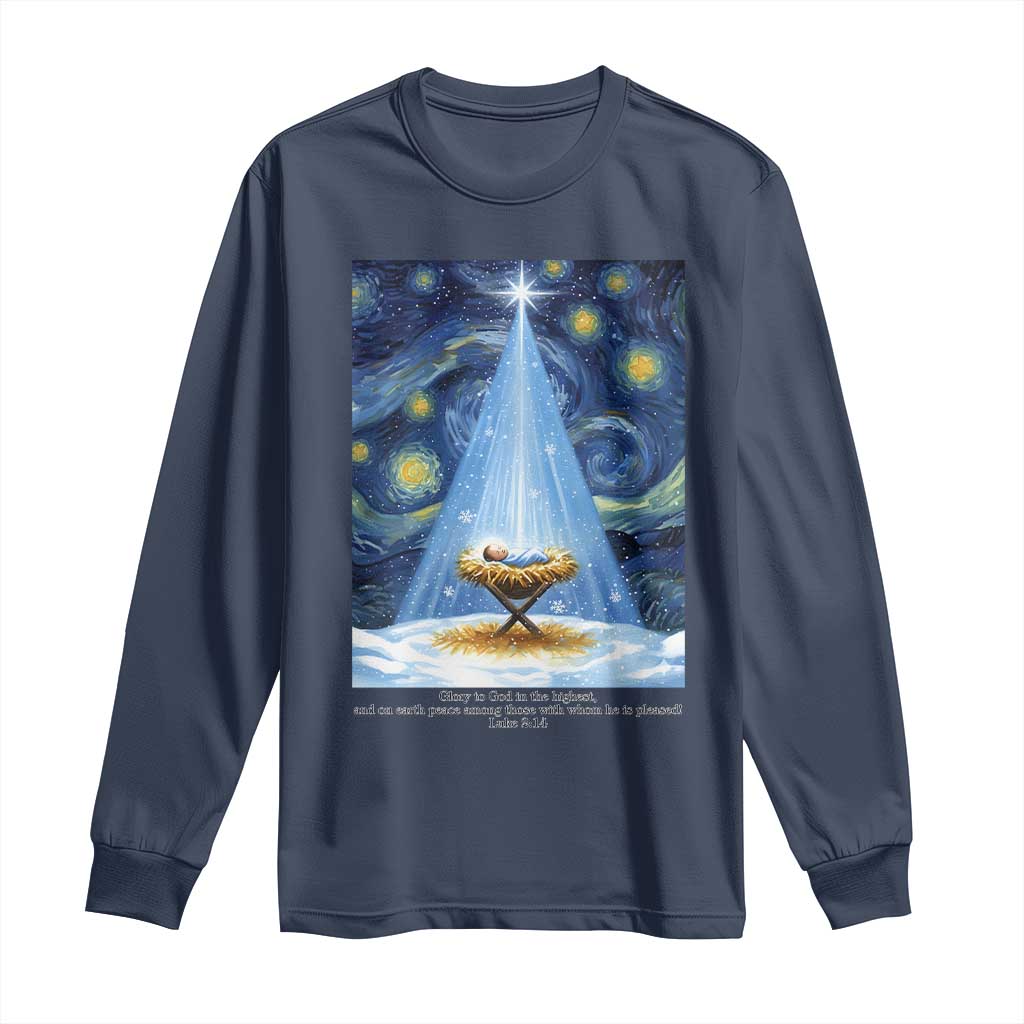Christian Christmas Long Sleeve Shirt Nativity Scene Jeus Baby Starry Night Xmas TS14 Navy Print Your Wear