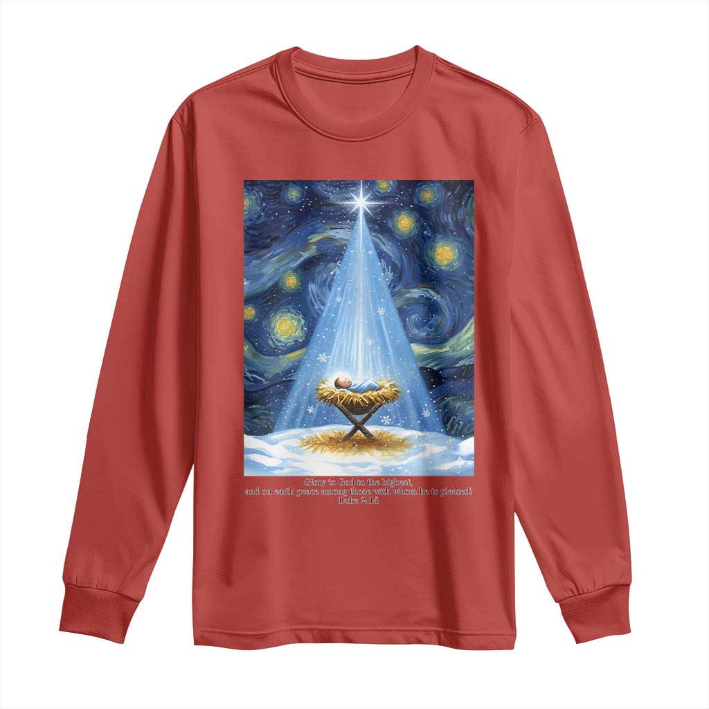 Christian Christmas Long Sleeve Shirt Nativity Scene Jeus Baby Starry Night Xmas TS14 Red Print Your Wear