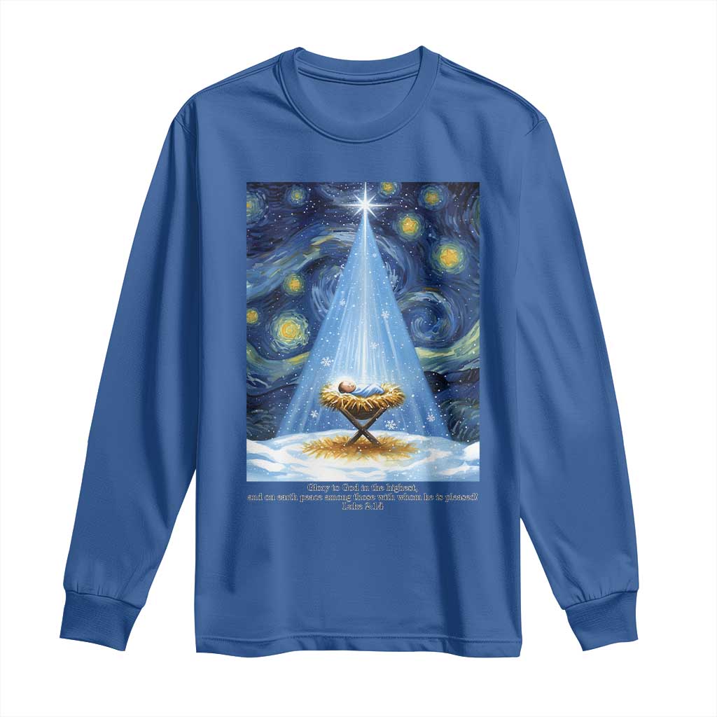 Christian Christmas Long Sleeve Shirt Nativity Scene Jeus Baby Starry Night Xmas TS14 Royal Blue Print Your Wear