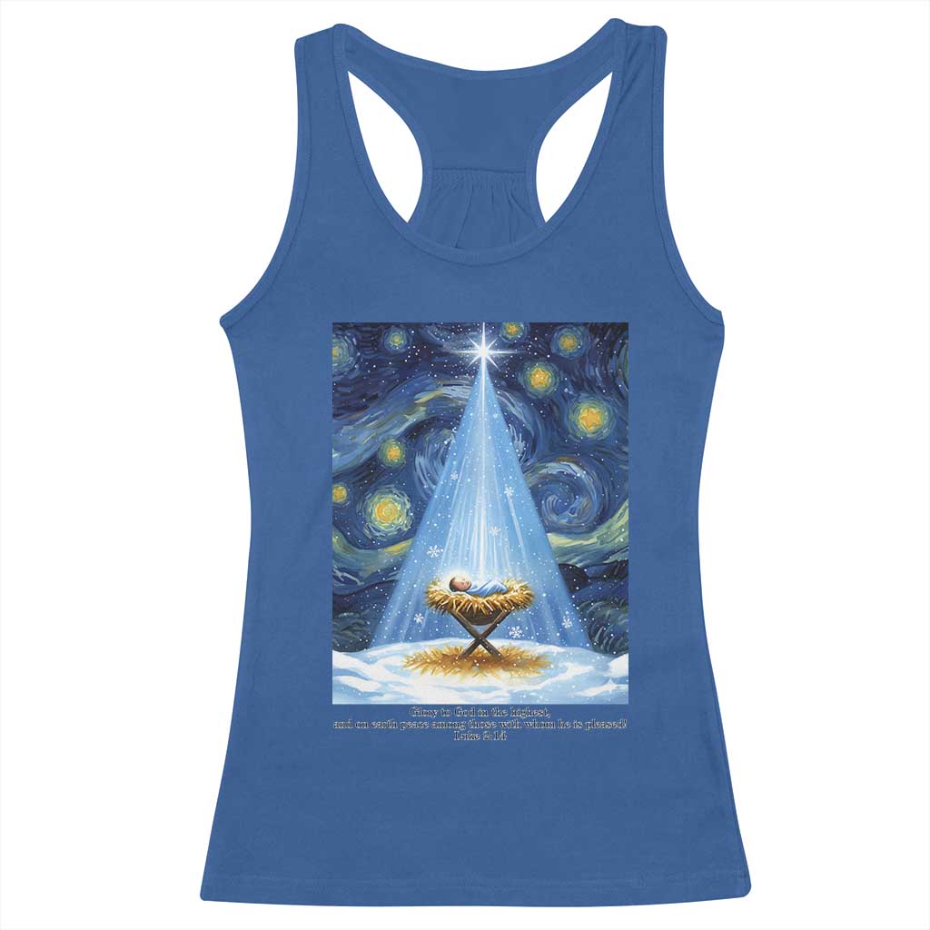 Christian Christmas Racerback Tank Top Nativity Scene Jeus Baby Starry Night Xmas TS14 Royal Blue Print Your Wear