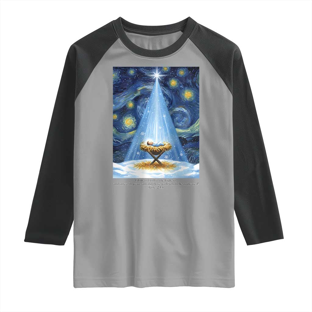 Christian Christmas Raglan Shirt Nativity Scene Jeus Baby Starry Night Xmas TS14 Sport Gray Black Print Your Wear