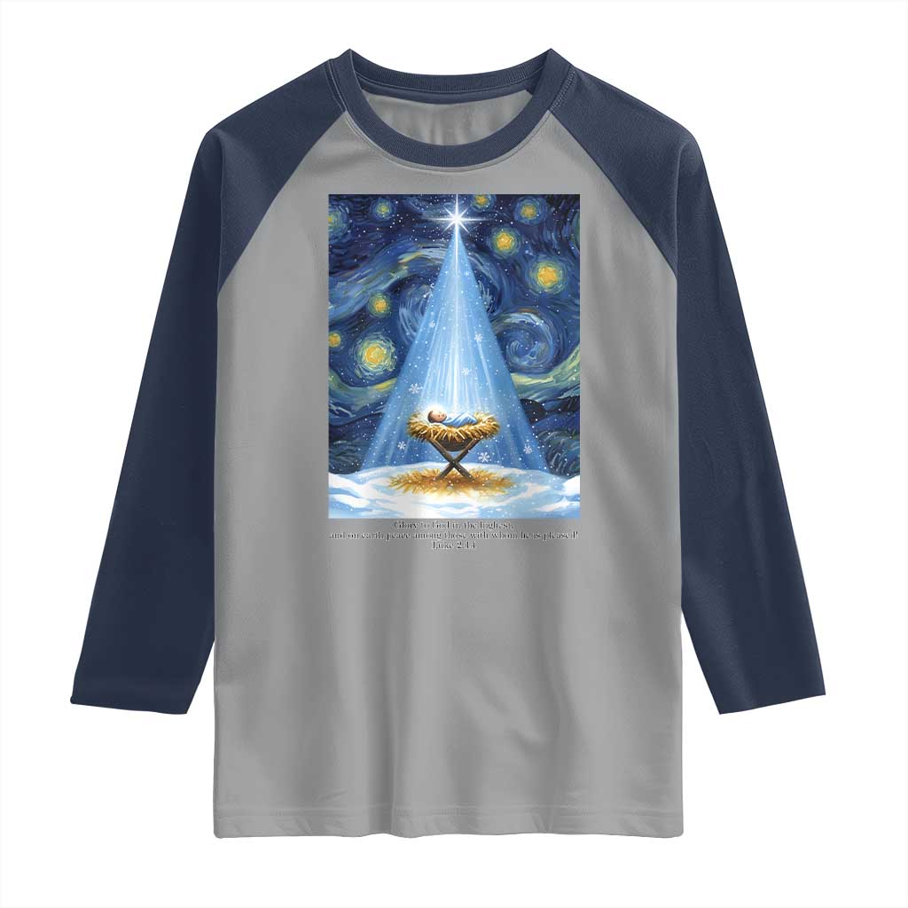 Christian Christmas Raglan Shirt Nativity Scene Jeus Baby Starry Night Xmas TS14 Sport Gray Navy Print Your Wear