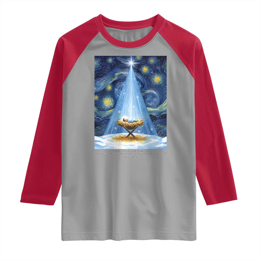 Christian Christmas Raglan Shirt Nativity Scene Jeus Baby Starry Night Xmas TS14 Sport Gray Red Print Your Wear