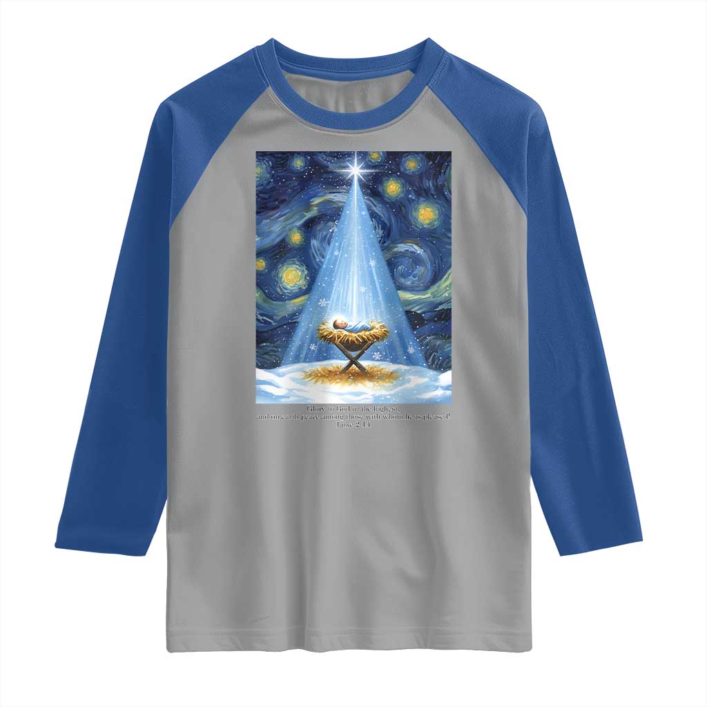 Christian Christmas Raglan Shirt Nativity Scene Jeus Baby Starry Night Xmas TS14 Sport Gray Royal Print Your Wear