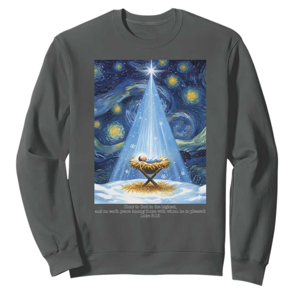 Christian Christmas Sweatshirt Nativity Scene Jeus Baby Starry Night Xmas TS14 Dark Heather Print Your Wear