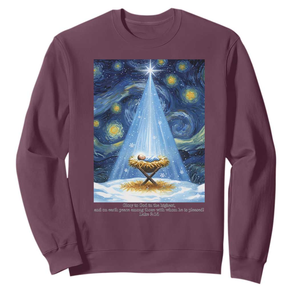 Christian Christmas Sweatshirt Nativity Scene Jeus Baby Starry Night Xmas TS14 Maroon Print Your Wear