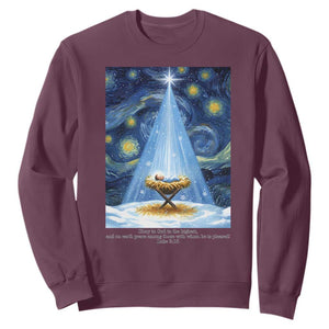 Christian Christmas Sweatshirt Nativity Scene Jeus Baby Starry Night Xmas TS14 Maroon Print Your Wear