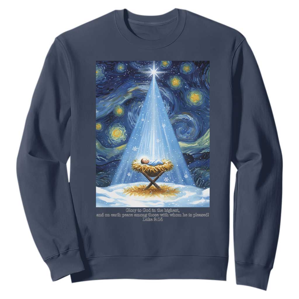 Christian Christmas Sweatshirt Nativity Scene Jeus Baby Starry Night Xmas TS14 Navy Print Your Wear