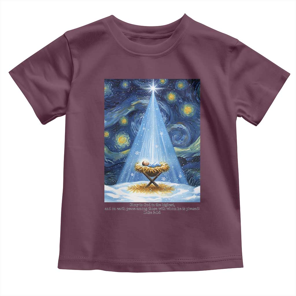 Christian Christmas Toddler T Shirt Nativity Scene Jeus Baby Starry Night Xmas TS14 Maroon Print Your Wear
