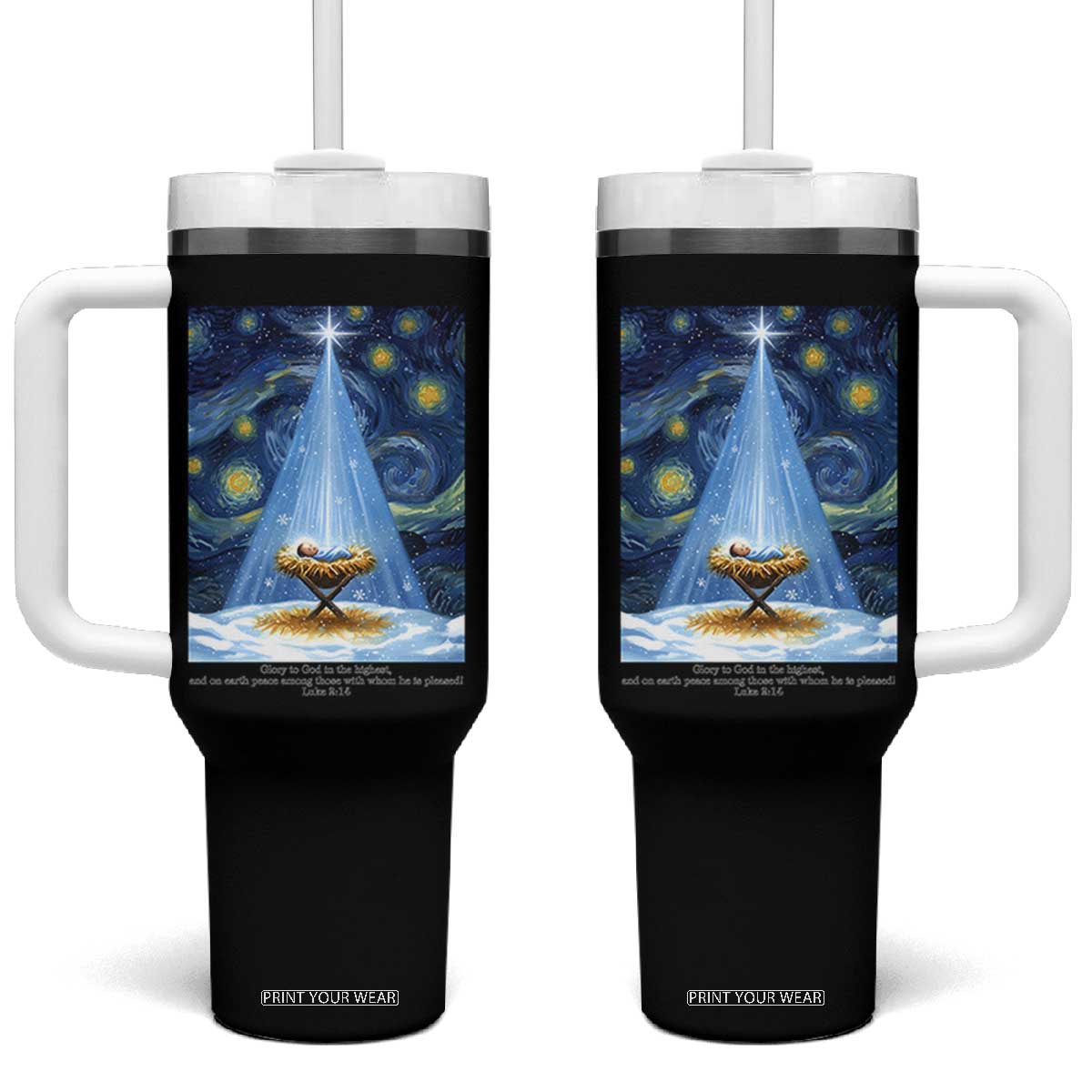 Christian Christmas Tumbler With Handle Nativity Scene Jeus Baby Starry Night Xmas TS14 One Size: 40 oz Black Print Your Wear