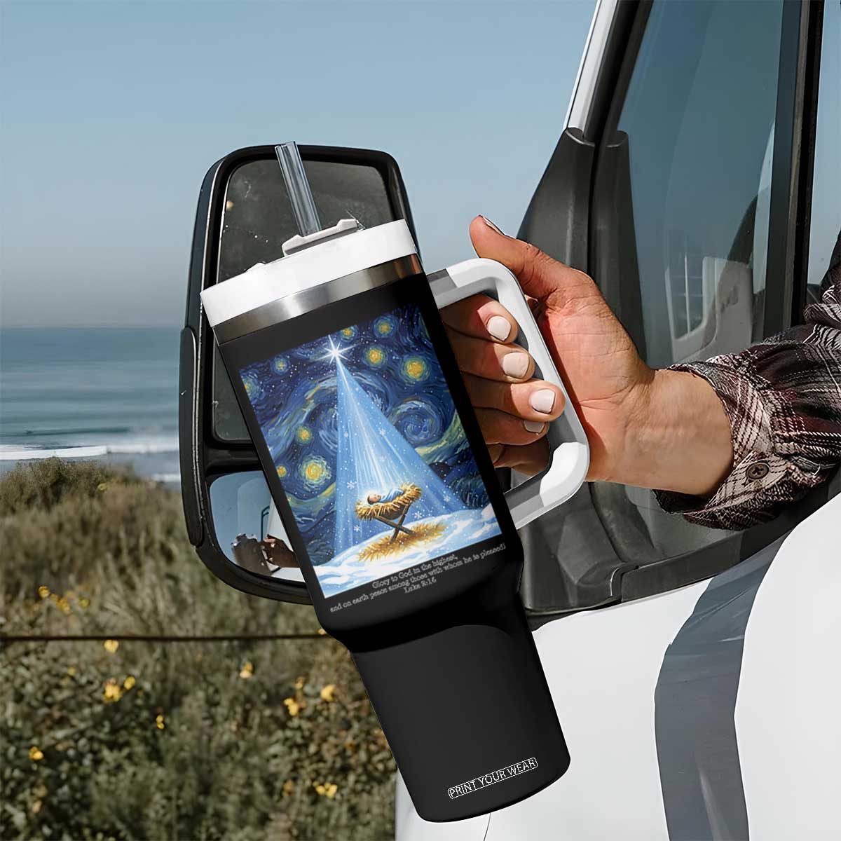 Christian Christmas Tumbler With Handle Nativity Scene Jeus Baby Starry Night Xmas TS14 Print Your Wear