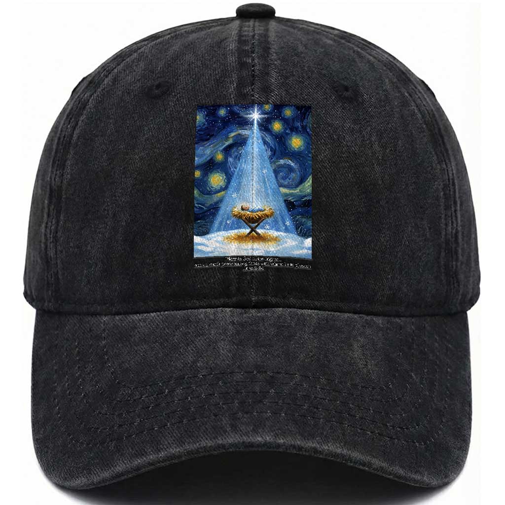 Christian Christmas Washed Cotton Baseball Cap Nativity Scene Jeus Baby Starry Night Xmas TS14 Washed Cap Universal Fit Black Print Your Wear
