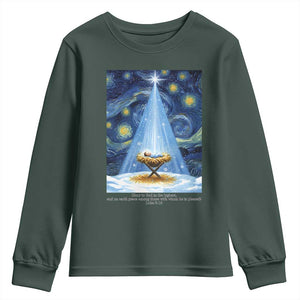 Christian Christmas Youth Sweatshirt Nativity Scene Jeus Baby Starry Night Xmas TS14 Dark Forest Green Print Your Wear