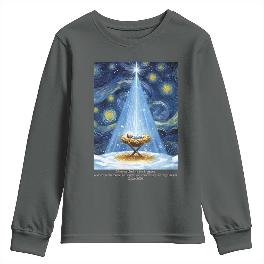 Christian Christmas Youth Sweatshirt Nativity Scene Jeus Baby Starry Night Xmas TS14 Dark Heather Print Your Wear