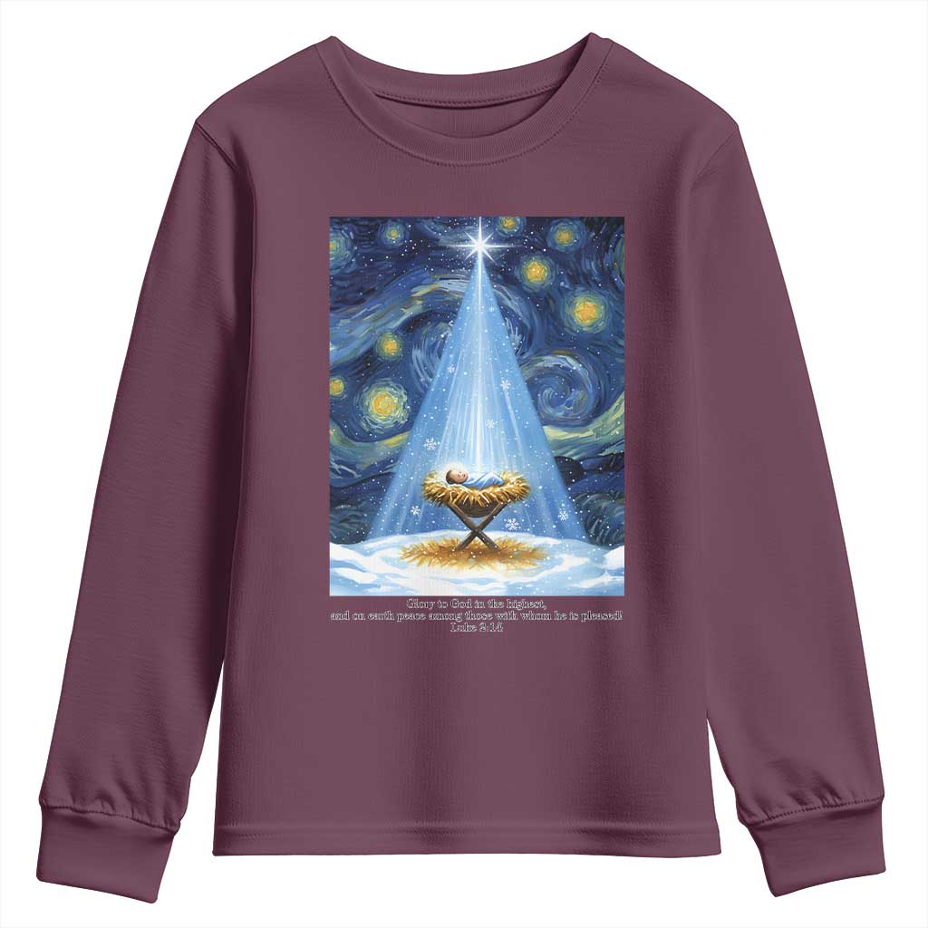 Christian Christmas Youth Sweatshirt Nativity Scene Jeus Baby Starry Night Xmas TS14 Maroon Print Your Wear
