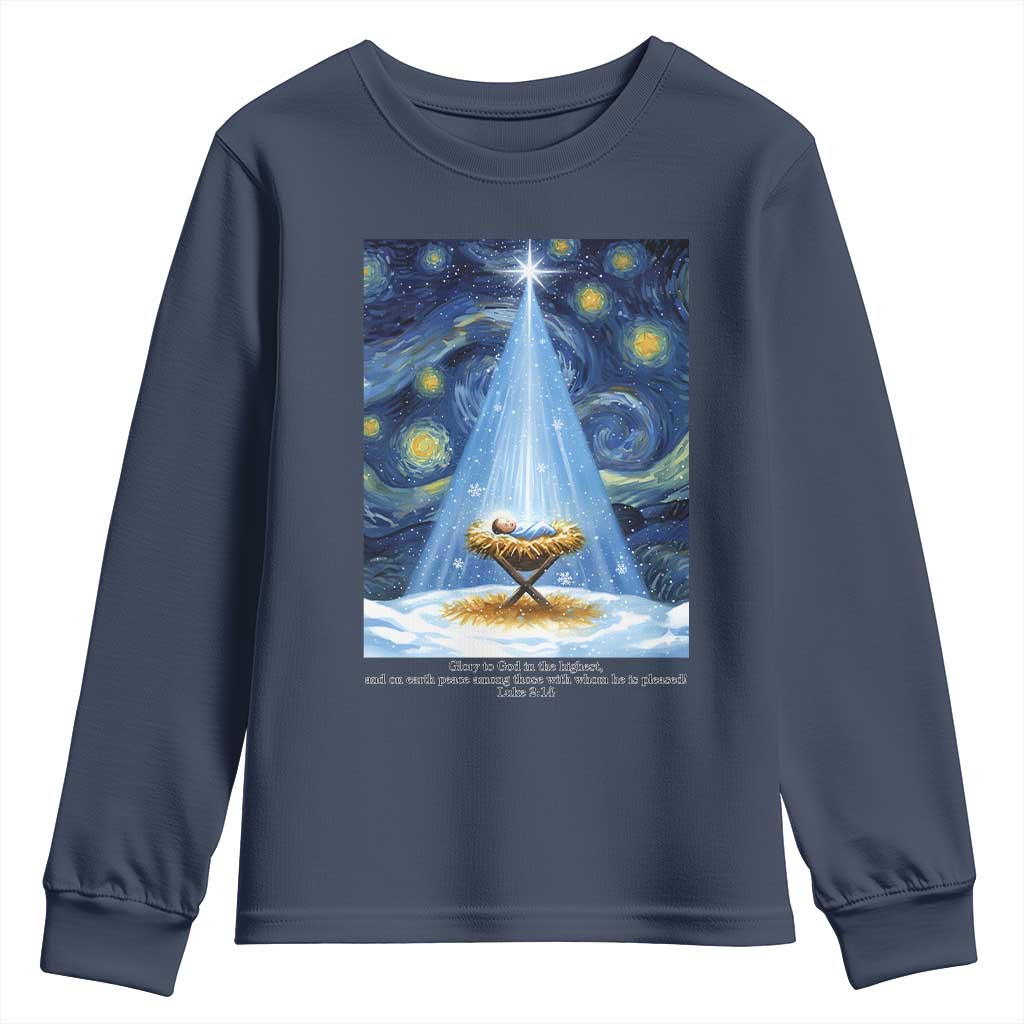 Christian Christmas Youth Sweatshirt Nativity Scene Jeus Baby Starry Night Xmas TS14 Navy Print Your Wear