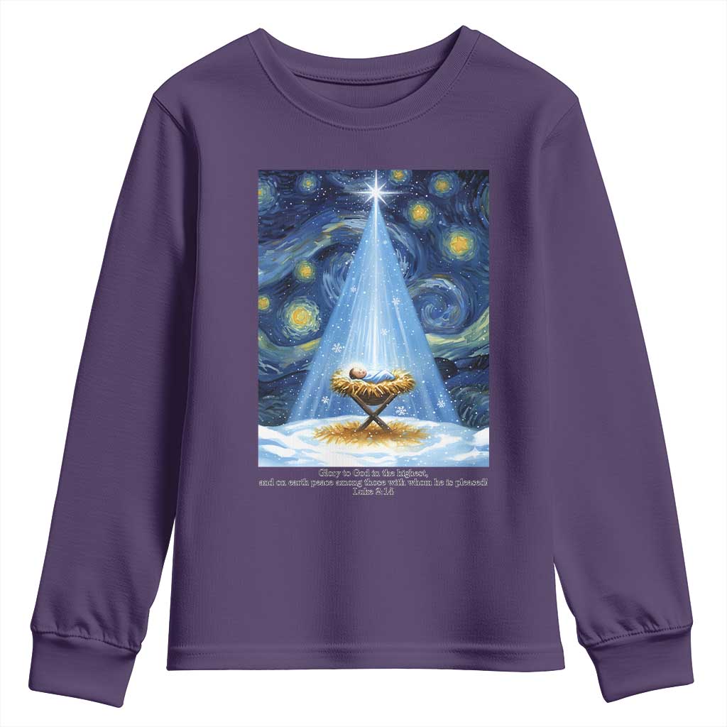 Christian Christmas Youth Sweatshirt Nativity Scene Jeus Baby Starry Night Xmas TS14 Purple Print Your Wear
