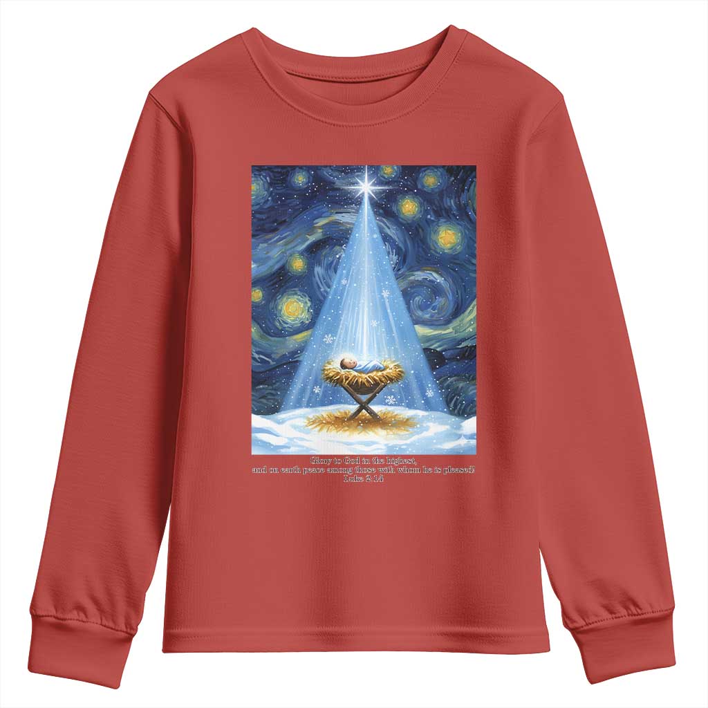Christian Christmas Youth Sweatshirt Nativity Scene Jeus Baby Starry Night Xmas TS14 Red Print Your Wear