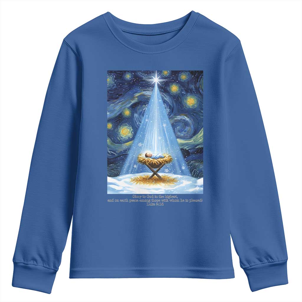 Christian Christmas Youth Sweatshirt Nativity Scene Jeus Baby Starry Night Xmas TS14 Royal Blue Print Your Wear