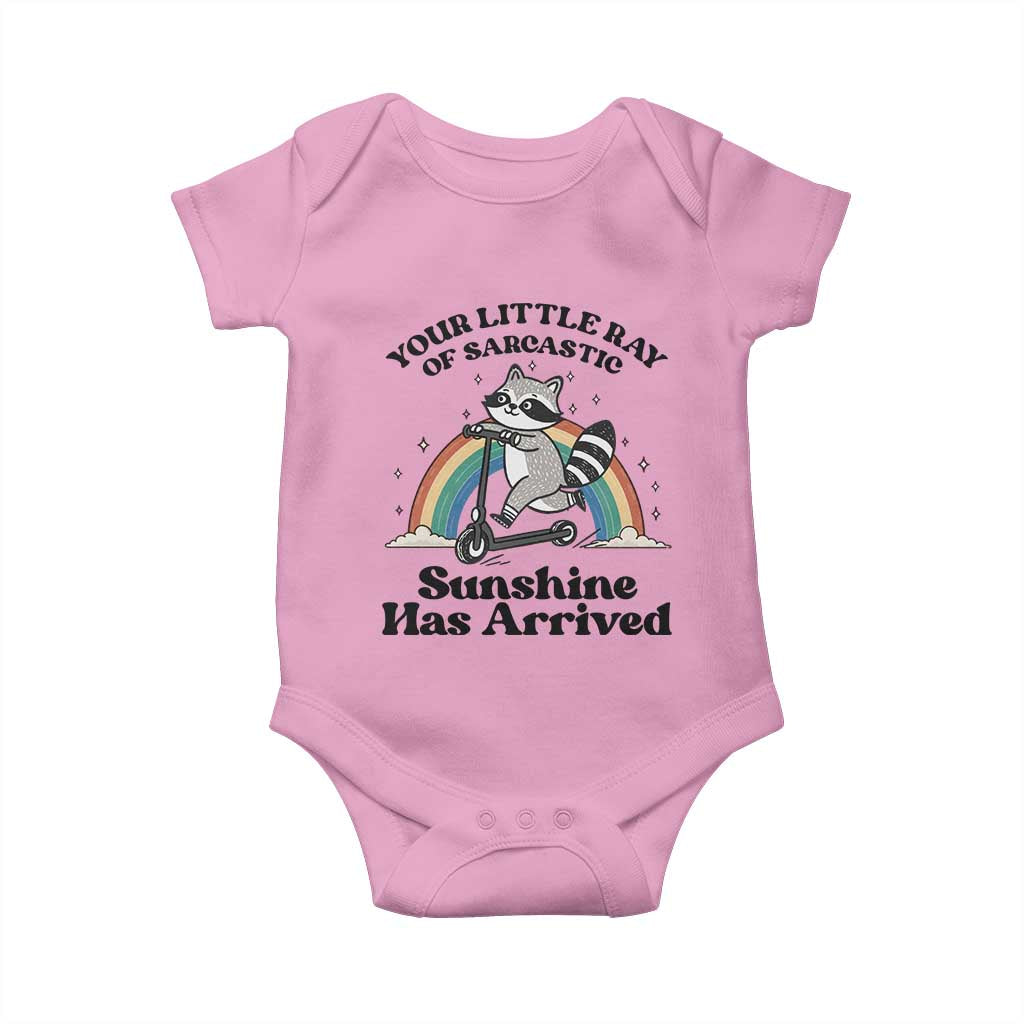 Funny Raccoon Rainbow Baby Onesie Your Little Ray Of Sarcastic Sunshine Has Arrived TS14 Light Pink Print Your Wear