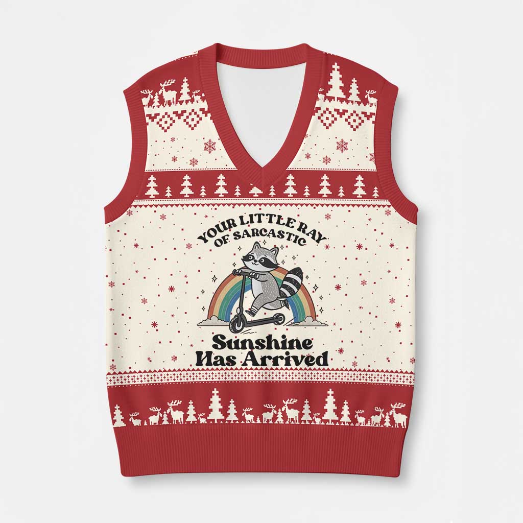 Funny Raccoon Rainbow V-Neck Knit Sweater Vest Your Little Ray Of Sarcastic Sunshine Has Arrived TS14 Beige Red Print Your Wear