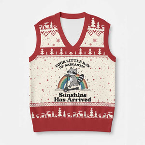 Funny Raccoon Rainbow V-Neck Knit Sweater Vest Your Little Ray Of Sarcastic Sunshine Has Arrived TS14 Beige Red Print Your Wear