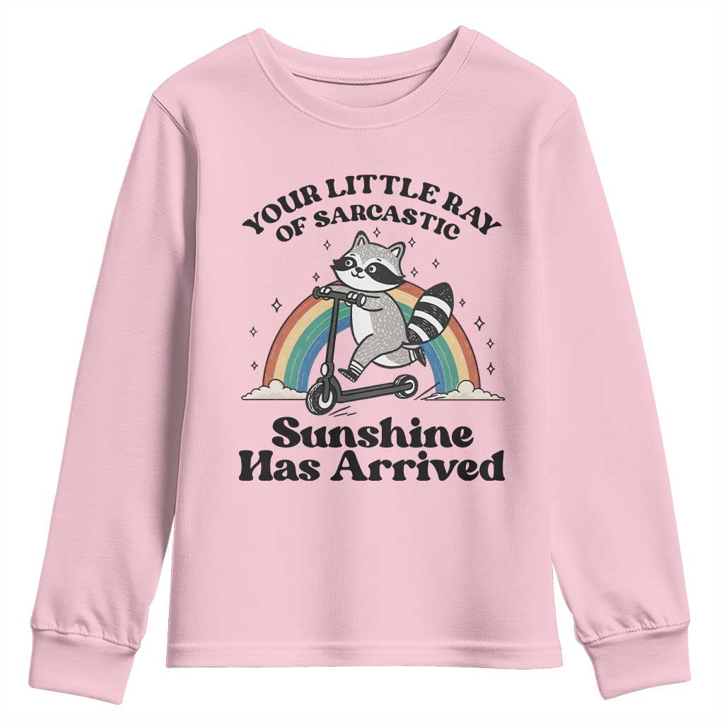 Funny Raccoon Rainbow Youth Sweatshirt Your Little Ray Of Sarcastic Sunshine Has Arrived TS14 Light Pink Print Your Wear
