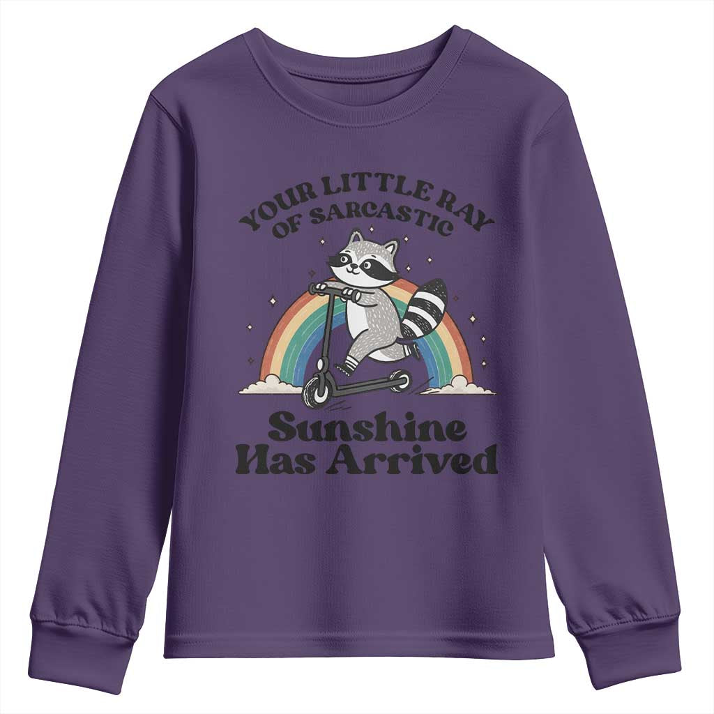 Funny Raccoon Rainbow Youth Sweatshirt Your Little Ray Of Sarcastic Sunshine Has Arrived TS14 Purple Print Your Wear