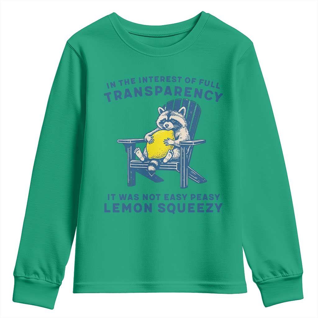 Funny Raccoon Youth Sweatshirt In The Interest Of Full Transparency It Was Not Easy Peasy Lemon Squeezy TS14 Irish Green Print Your Wear