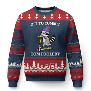 Funny Raccoon Scooter Meme Ugly Christmas Sweater Off To Commit Tom Foolery TS14 Navy Red Print Your Wear
