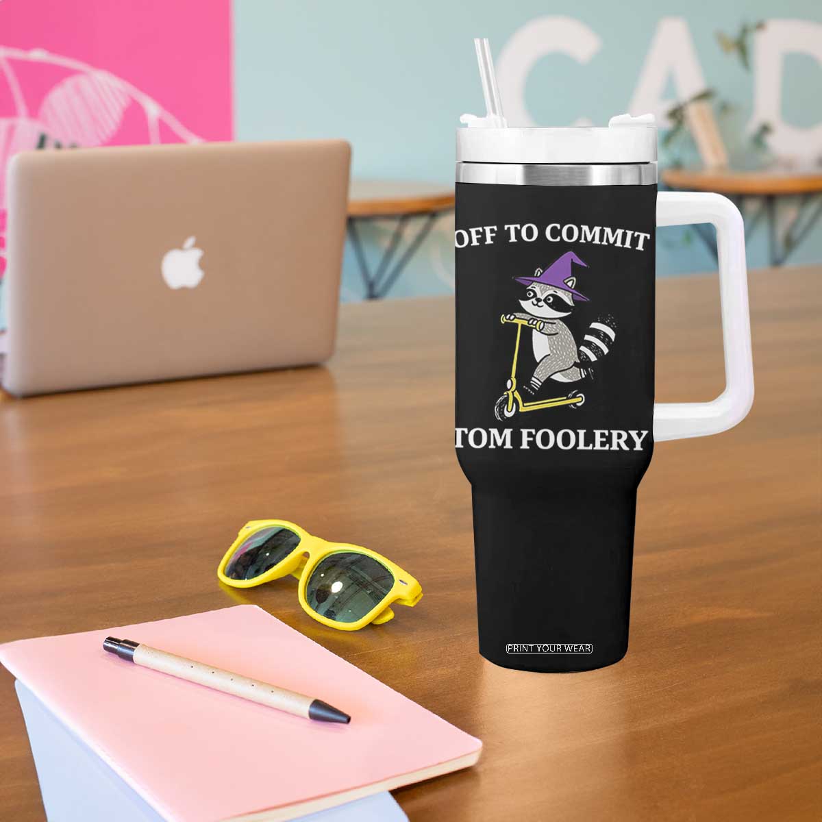 Funny Raccoon Scooter Meme Tumbler With Handle Off To Commit Tom Foolery TS14 Print Your Wear