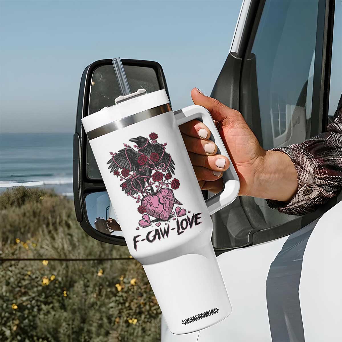 F Caw Love Tumbler With Handle Funny Anti Valentines Day Gothic Bird Meme TS14 Print Your Wear