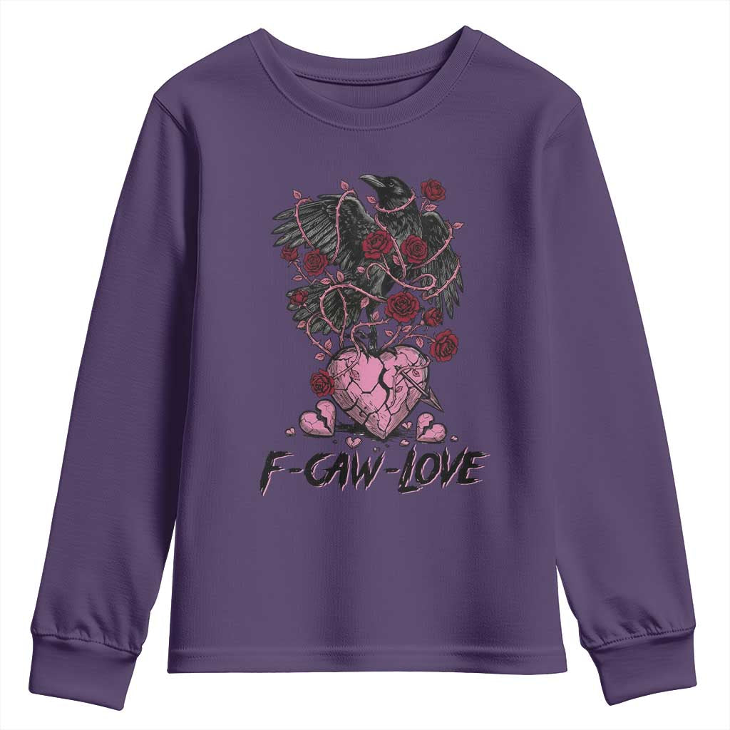 F Caw Love Youth Sweatshirt Funny Anti Valentines Day Gothic Bird Meme TS14 Purple Print Your Wear