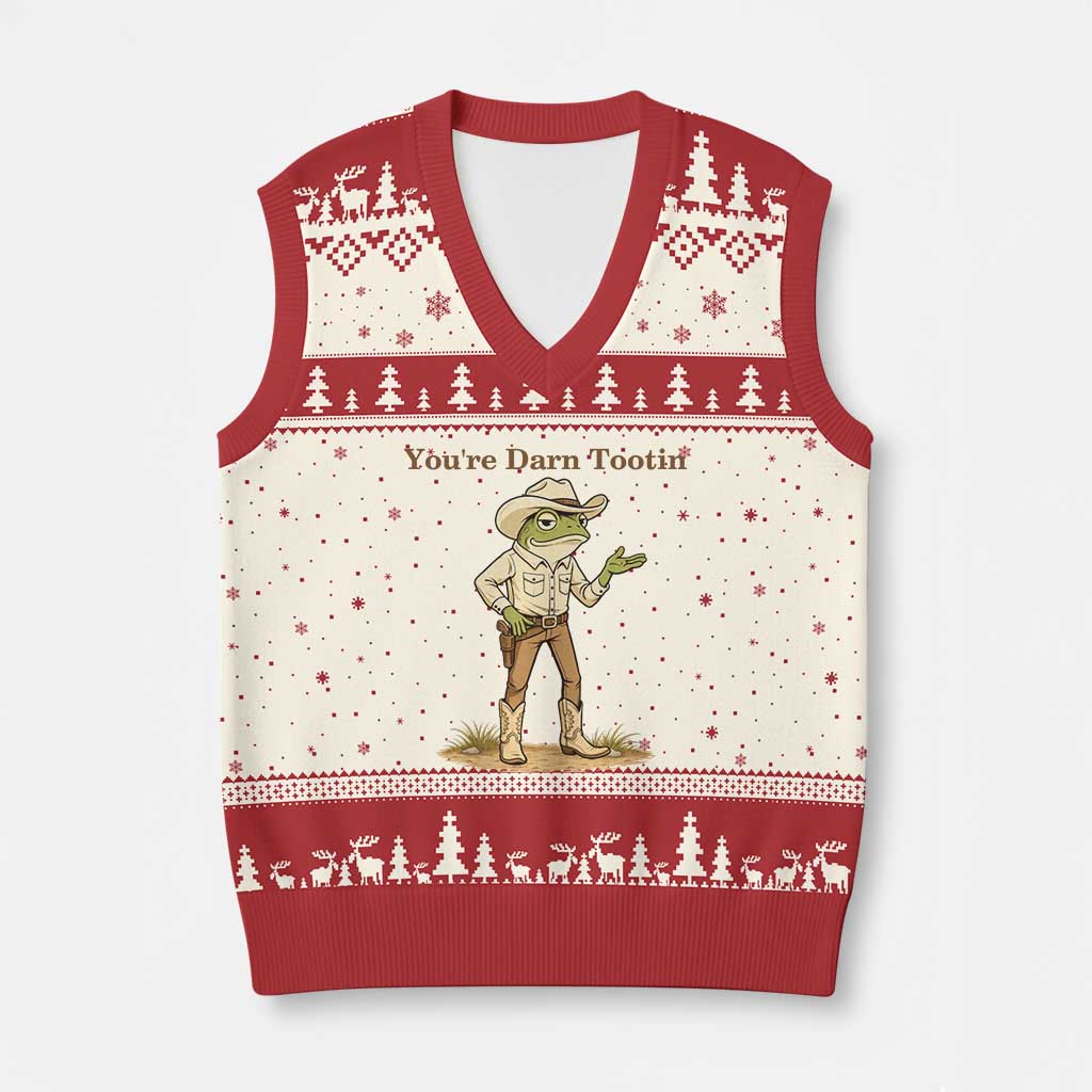 You're Darn Tootin V-Neck Knit Sweater Vest Funny Cowboy Frog Meme TS14 Beige Red Print Your Wear