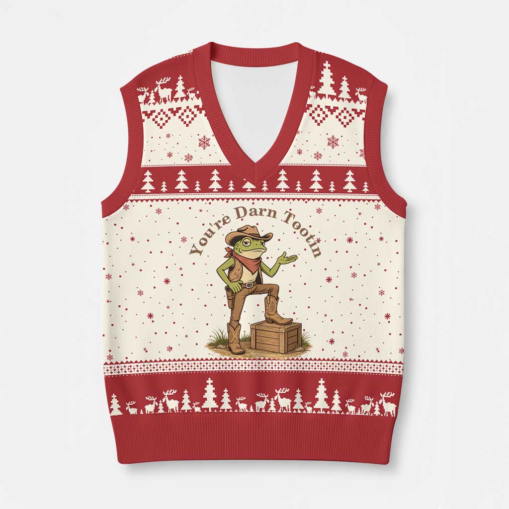 You're Darn Tootin V-Neck Knit Sweater Vest Funny Cowboy Frog Sarcastic Meme TS14 Beige Red Print Your Wear
