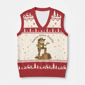 You're Darn Tootin V-Neck Knit Sweater Vest Funny Cowboy Frog Sarcastic Meme TS14 Beige Red Print Your Wear