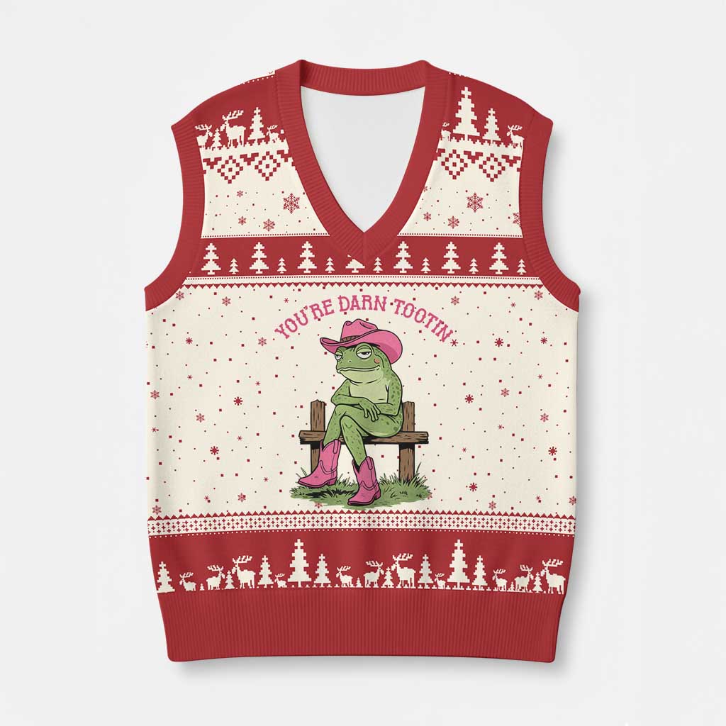 You're Darn Tootin V-Neck Knit Sweater Vest Funny Cowgirl Frog Sarcastic Meme TS14 Beige Red Print Your Wear