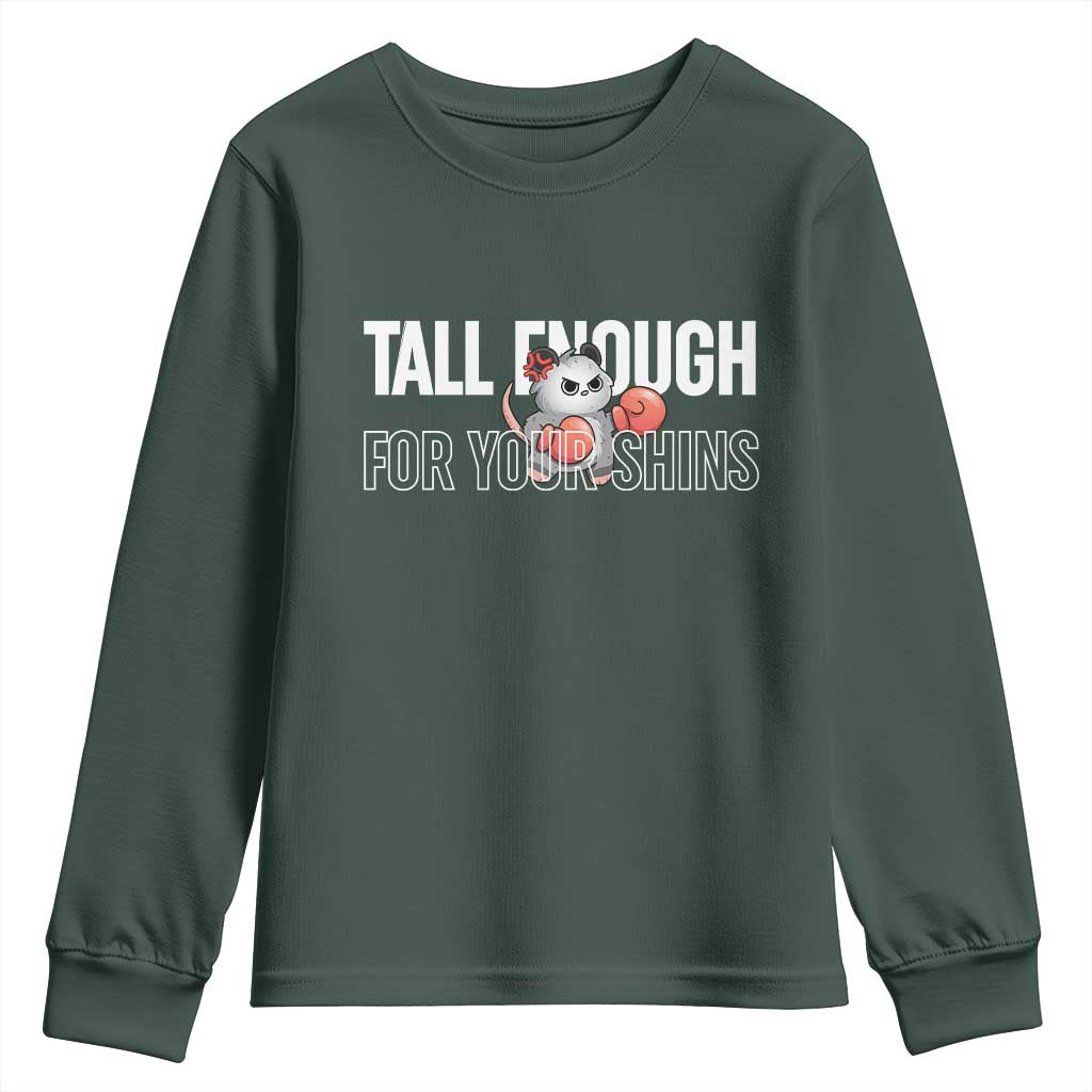 Tall Enough For Your Shins Youth Sweatshirt Funny Possum Boxing Meme TS14 Dark Forest Green Print Your Wear