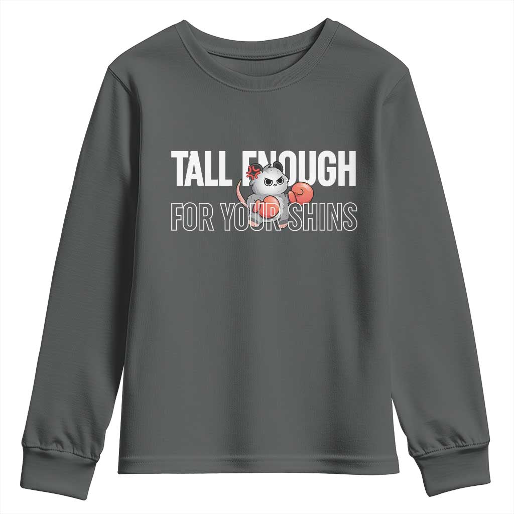 Tall Enough For Your Shins Youth Sweatshirt Funny Possum Boxing Meme TS14 Dark Heather Print Your Wear