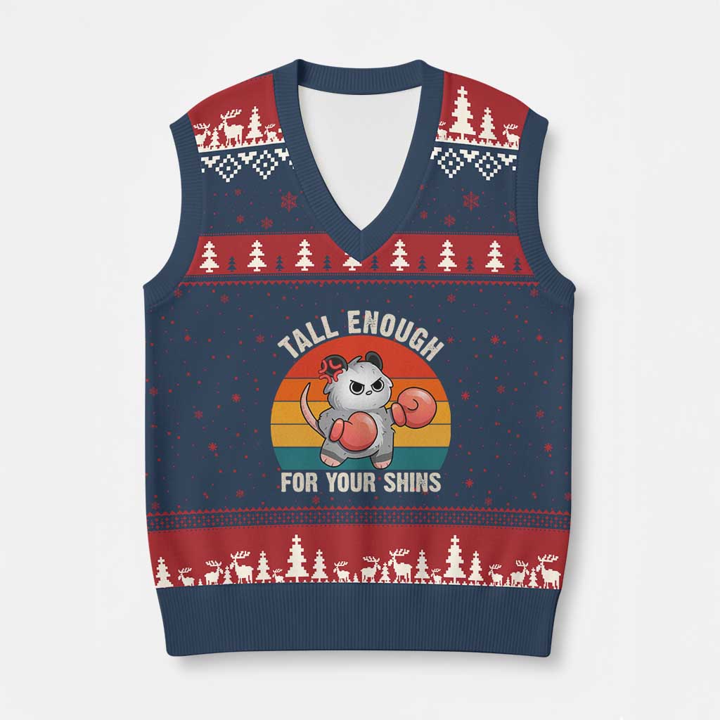 Tall Enough For Your Shins V-Neck Knit Sweater Vest Funny Possum Meme TS14 Navy Red Print Your Wear