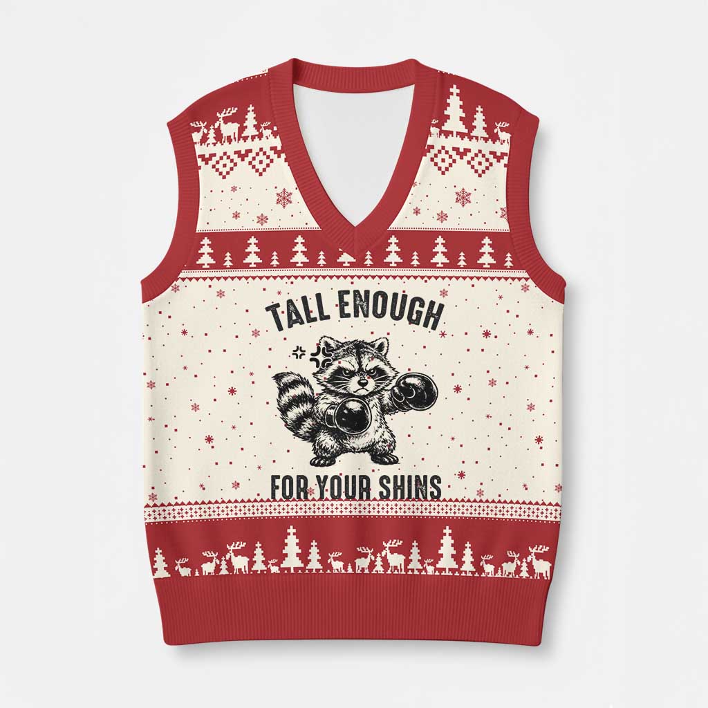 Tall Enough For Your Shins V-Neck Knit Sweater Vest Funny Raccoon Boxing Meme TS14 Beige Red Print Your Wear