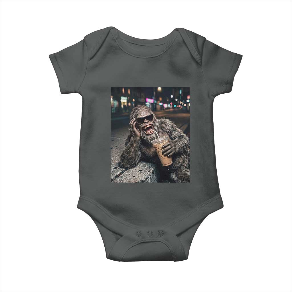 Bigfoot Drinking Iced Coffee Baby Onesie Funny Sasquatch Streetwear TS14 Dark Heather Print Your Wear