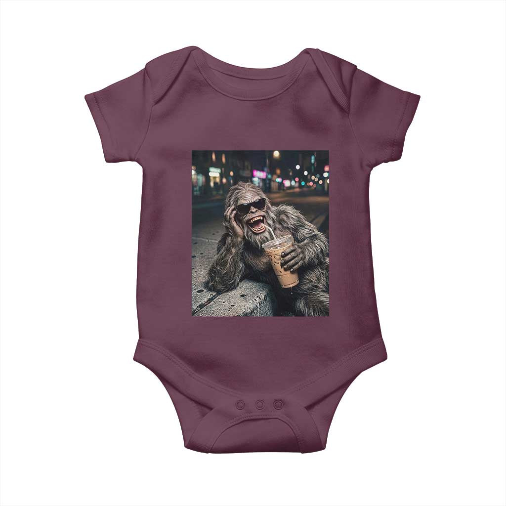 Bigfoot Drinking Iced Coffee Baby Onesie Funny Sasquatch Streetwear TS14 Maroon Print Your Wear