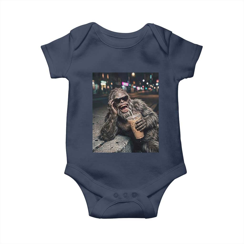 Bigfoot Drinking Iced Coffee Baby Onesie Funny Sasquatch Streetwear TS14 Navy Print Your Wear