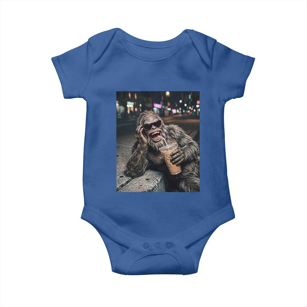 Bigfoot Drinking Iced Coffee Baby Onesie Funny Sasquatch Streetwear TS14 Royal Blue Print Your Wear
